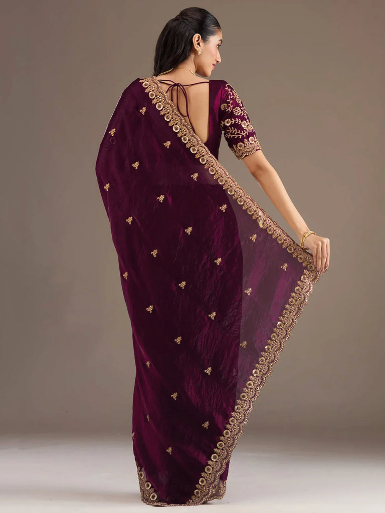 Stunning Wine Embroidered Silk Reception Wear Saree With Blouse