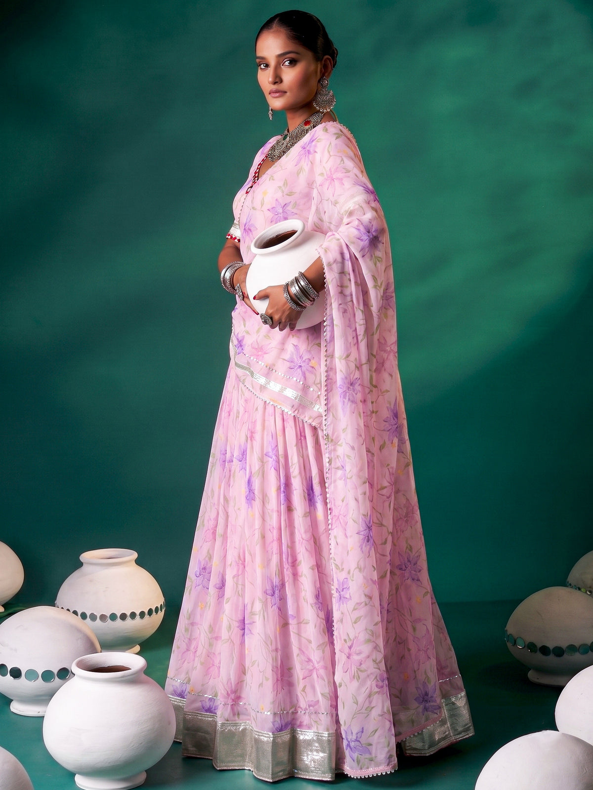 Artistic Pink Floral Printed Silk Wedding Wear Lehenga Choli With Dupatta