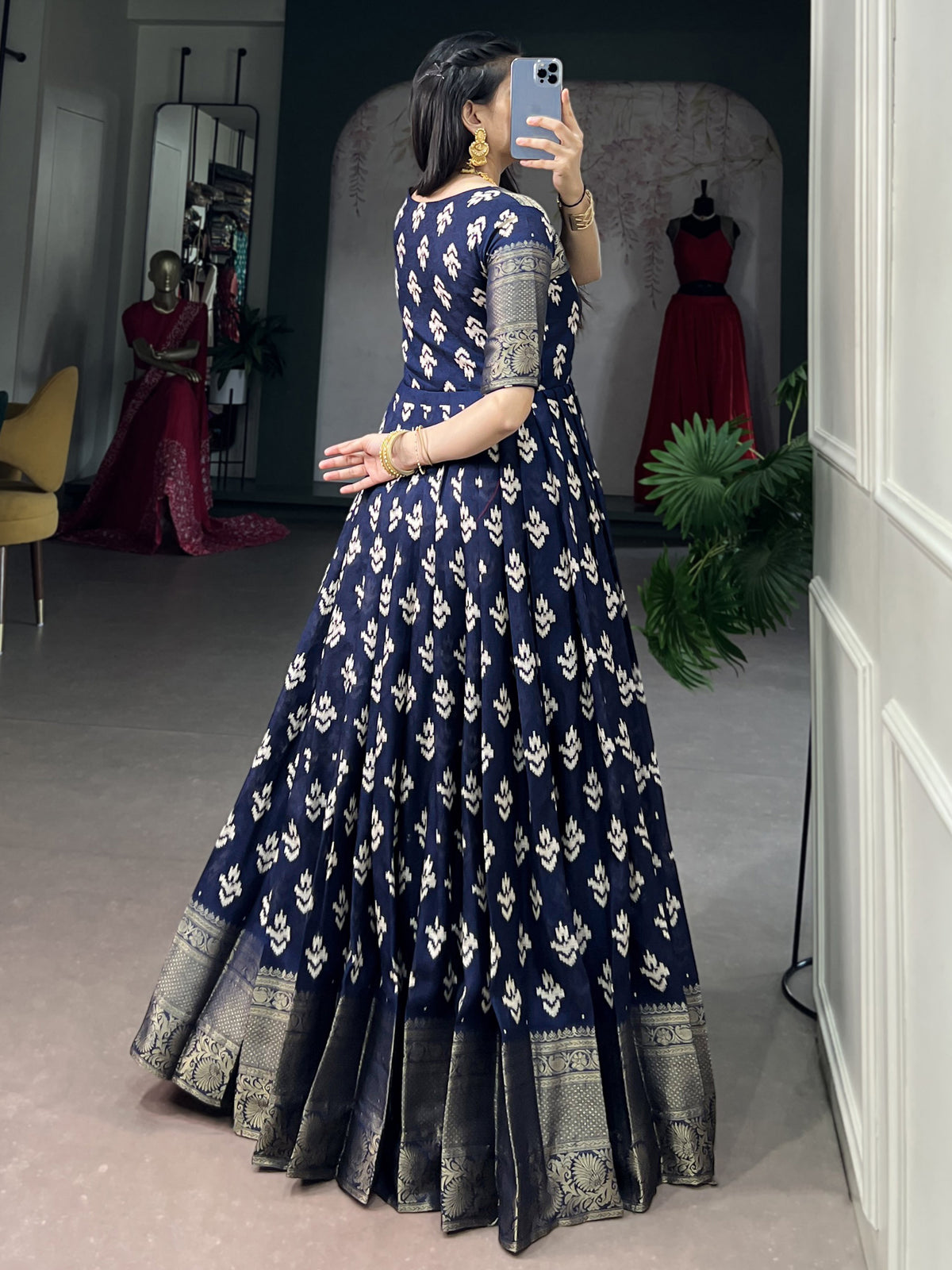 Enchanting Navy Blue Zari Weaving Cotton Festive Wear Gown