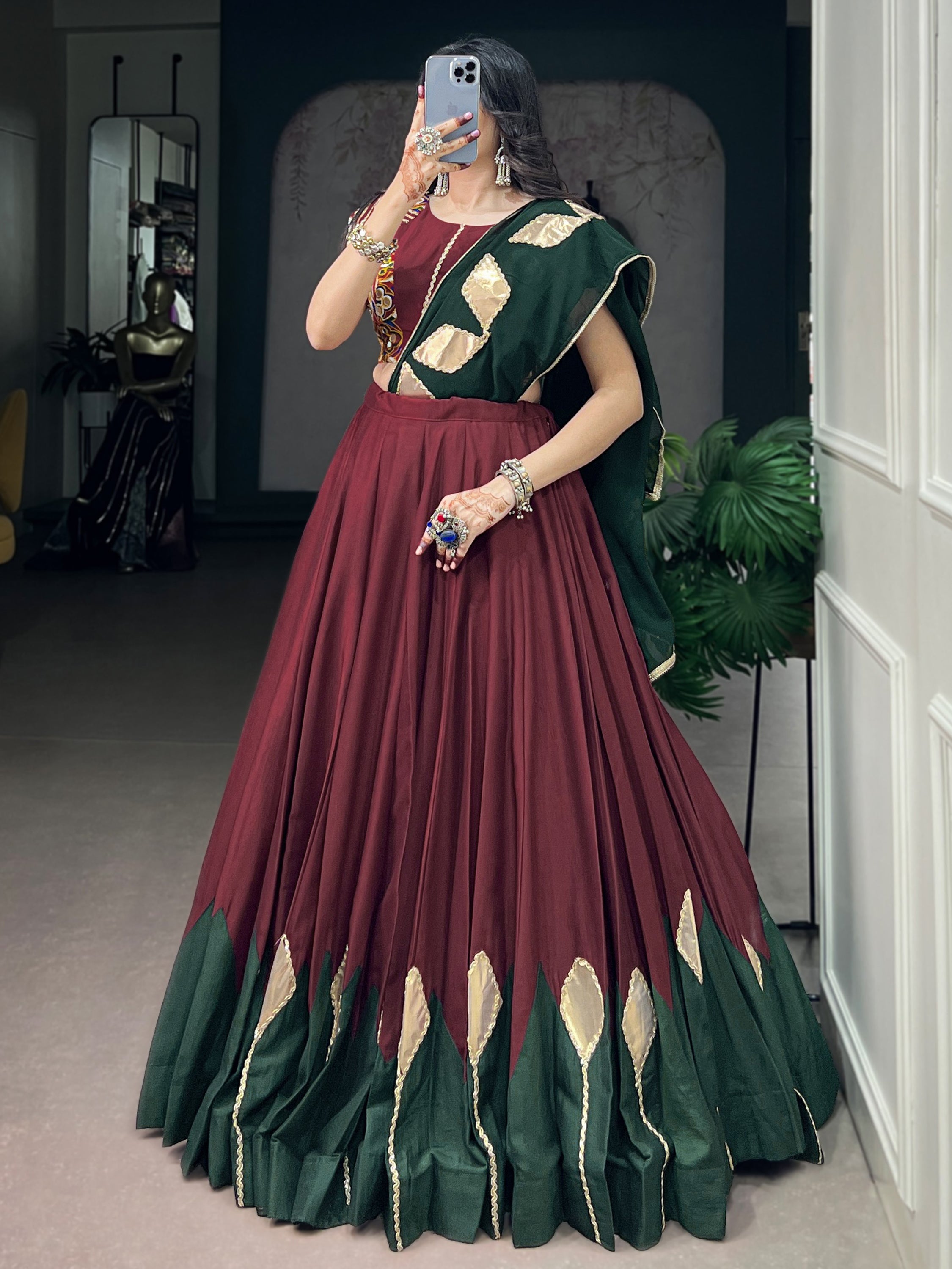 Royal Maroon Patch Work Chinon Navratri Wear Lehenga Choli With Dupatta