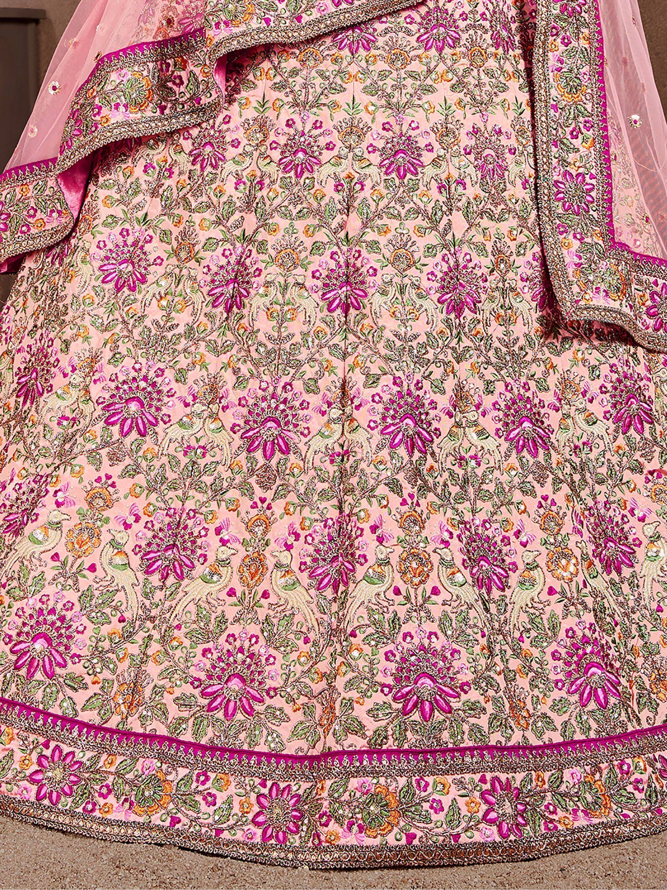 Pink designer lehenga with floral and bird embroidery, perfect for Indian weddings and ethnic events