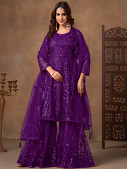 Precious Purple Embroidered Net Function Wear Sharara Suit