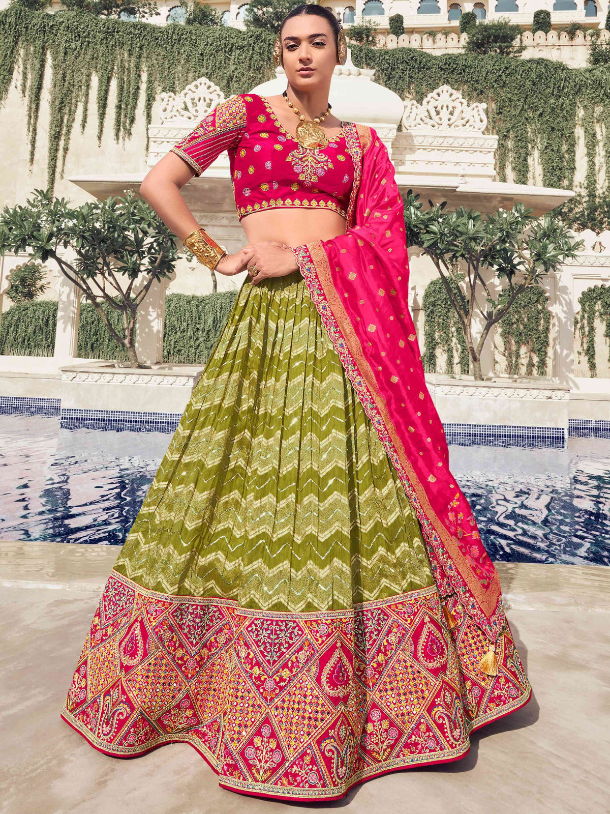 Dazzling Green Embroidered Organza Wedding Wear Lehenga Choli