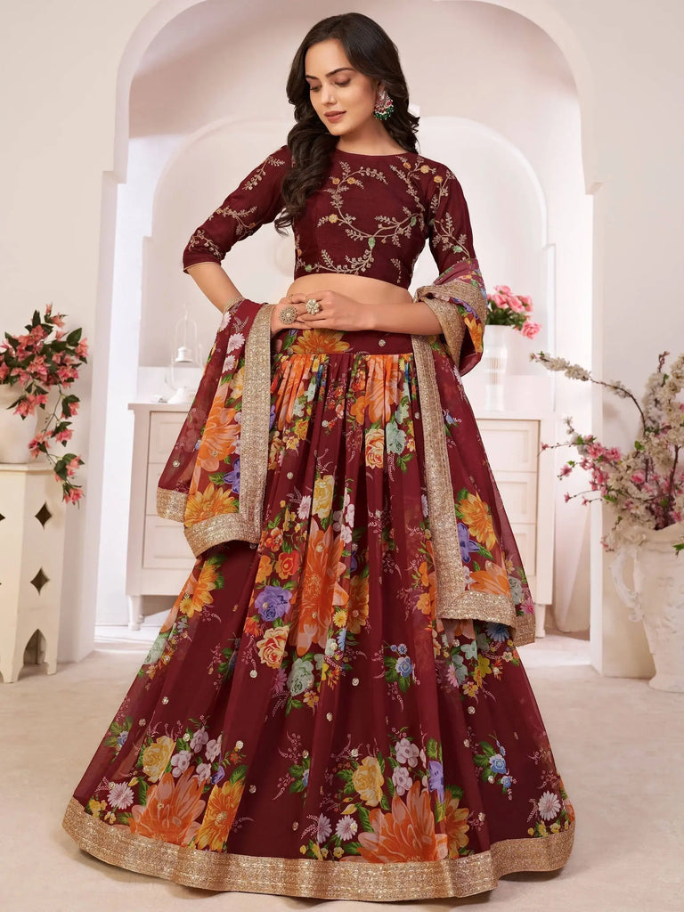 Captivating Maroon Digital Printed Georgette Wedding Wear Lehenga Choli
