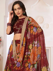 Captivating Maroon Digital Printed Georgette Wedding Wear Lehenga Choli