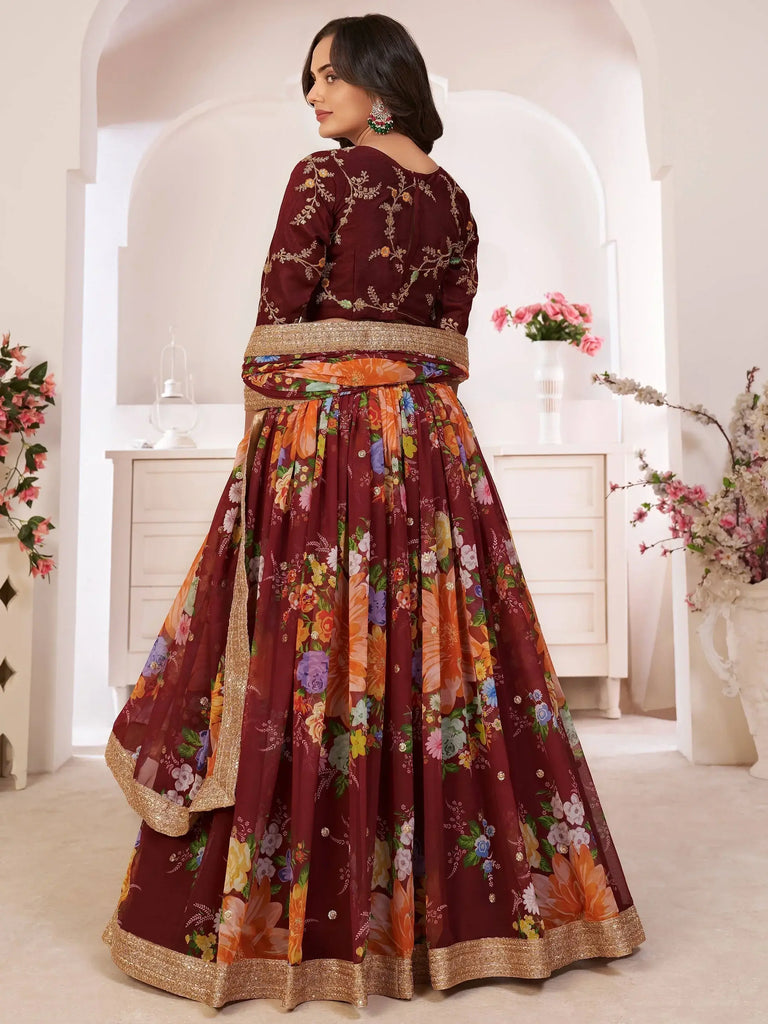 Captivating Maroon Digital Printed Georgette Wedding Wear Lehenga Choli