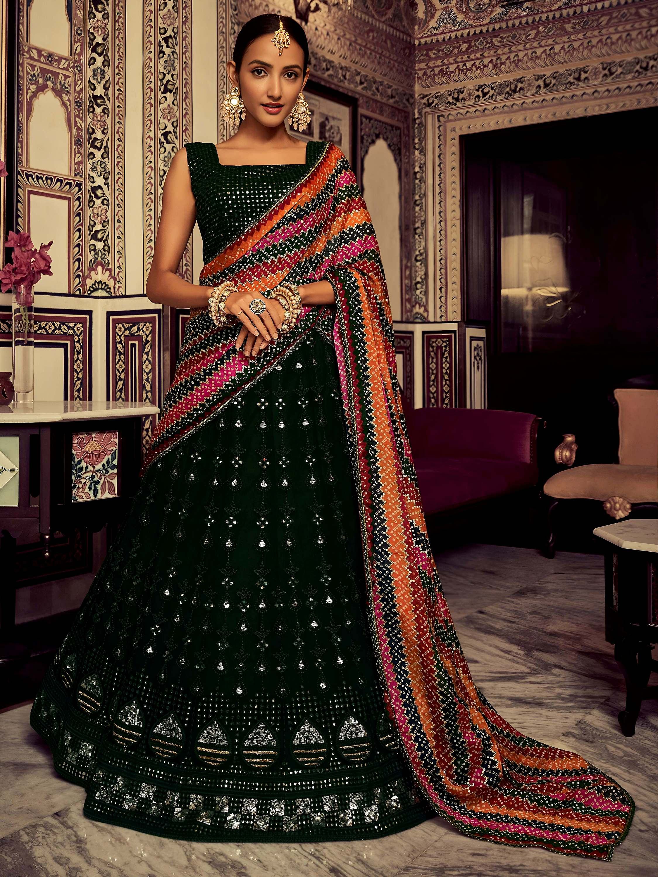 Captivating Bottle Green Thread Work Georgette Lehenga Choli With Dupatta