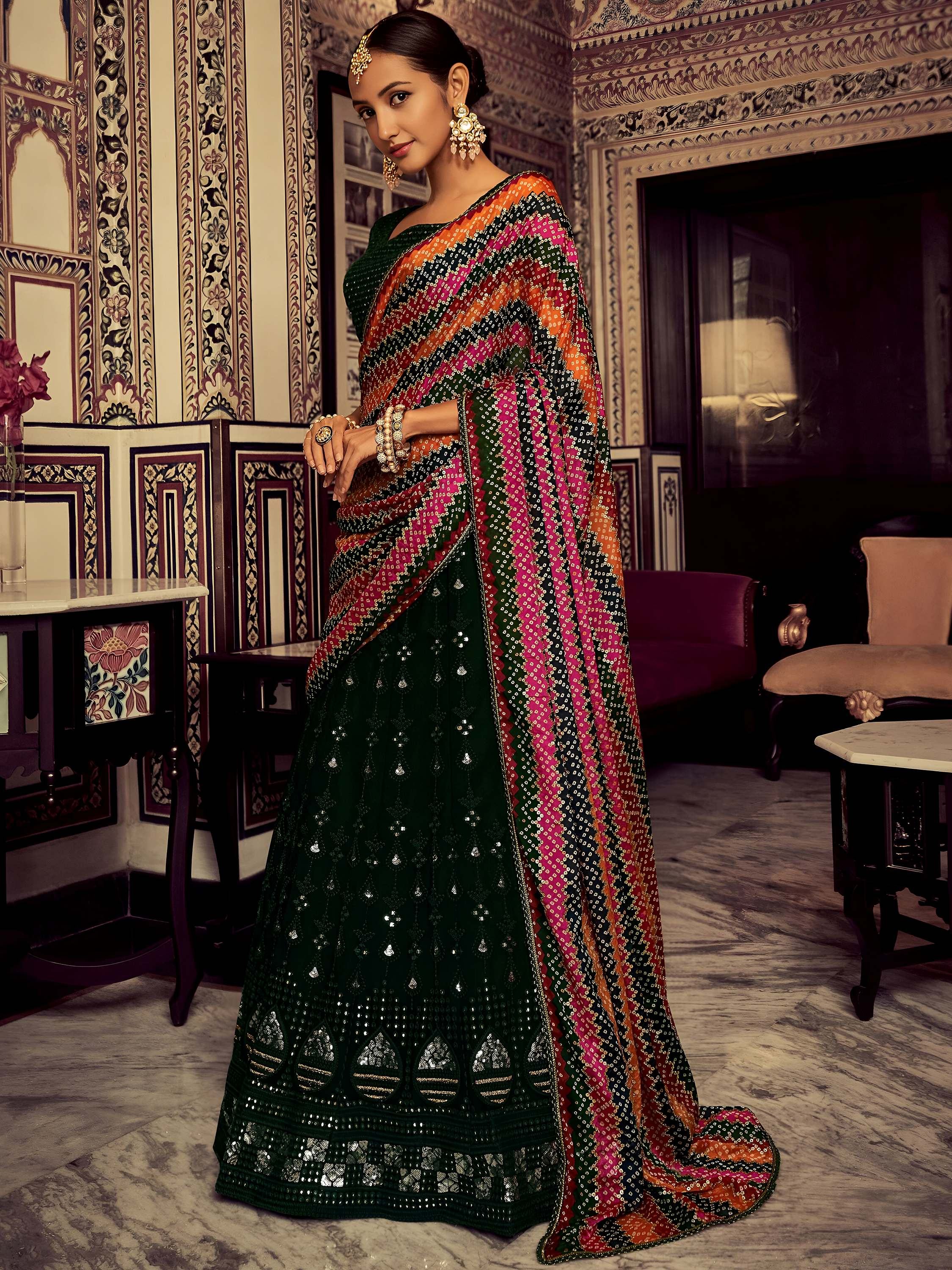 Captivating Bottle Green Thread Work Georgette Lehenga Choli With Dupatta