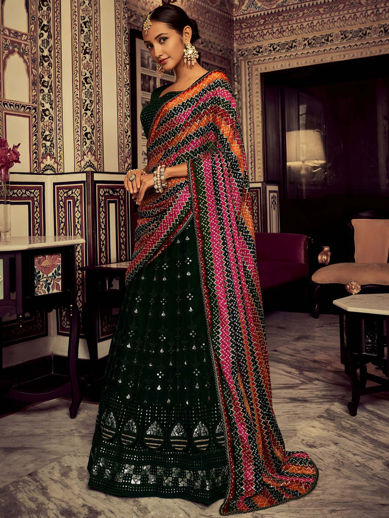 Captivating Bottle Green Thread Work Georgette Lehenga Choli With Dupatta