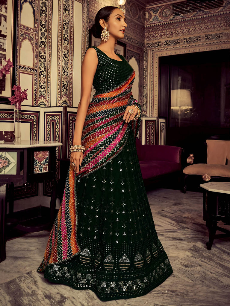 Captivating Bottle Green Thread Work Georgette Lehenga Choli With Dupatta