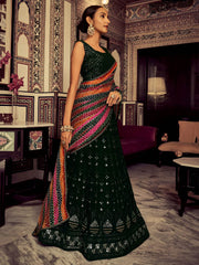 Captivating Bottle Green Thread Work Georgette Lehenga Choli With Dupatta