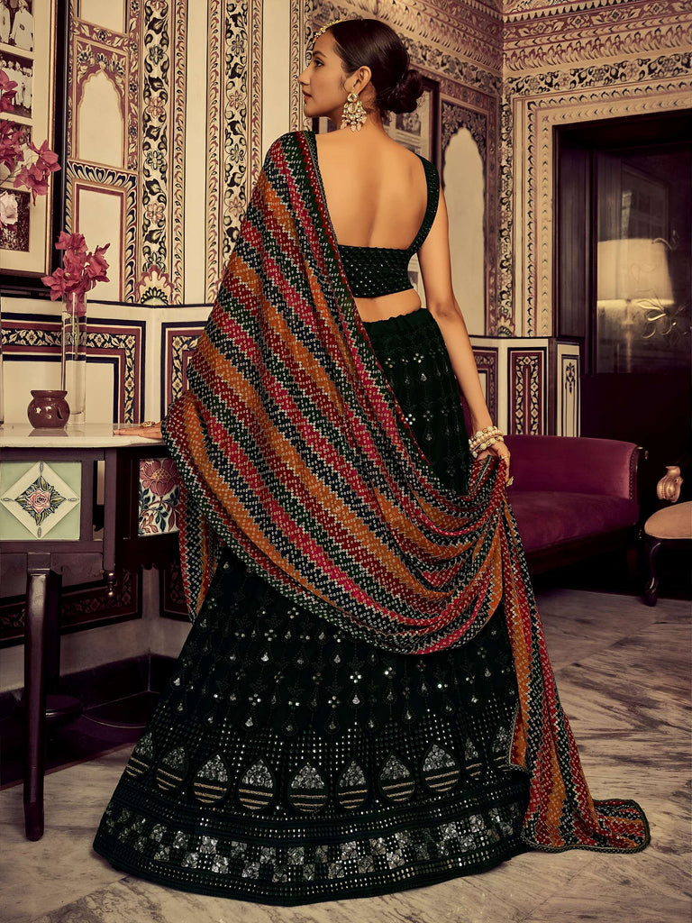 Captivating Bottle Green Thread Work Georgette Lehenga Choli With Dupatta