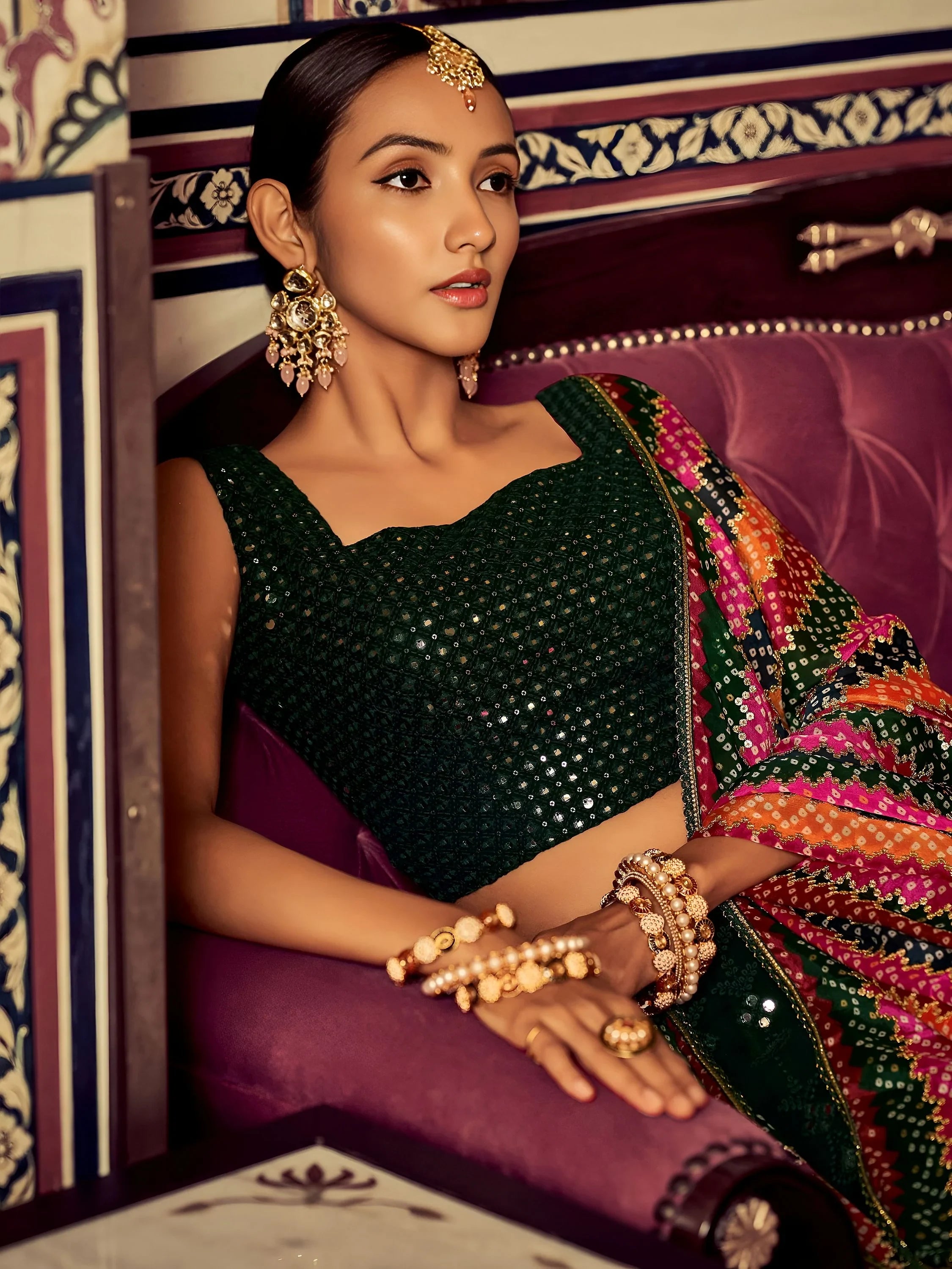 Captivating Bottle Green Thread Work Georgette Lehenga Choli With Dupatta