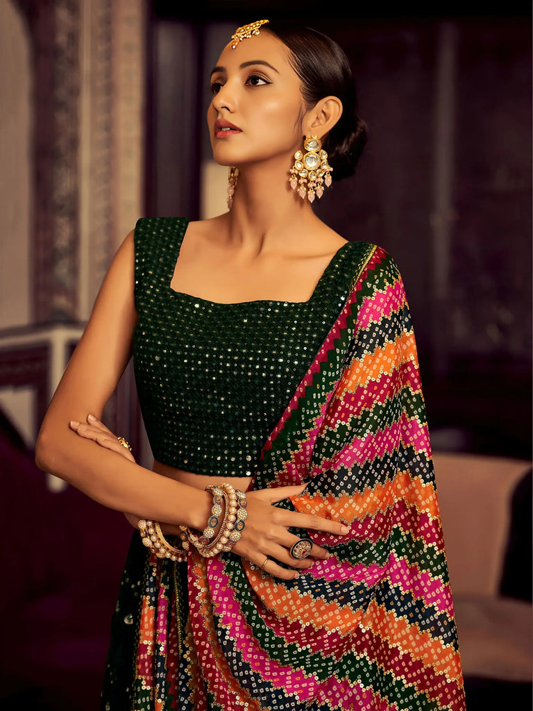 Captivating Bottle Green Thread Work Georgette Lehenga Choli With Dupatta