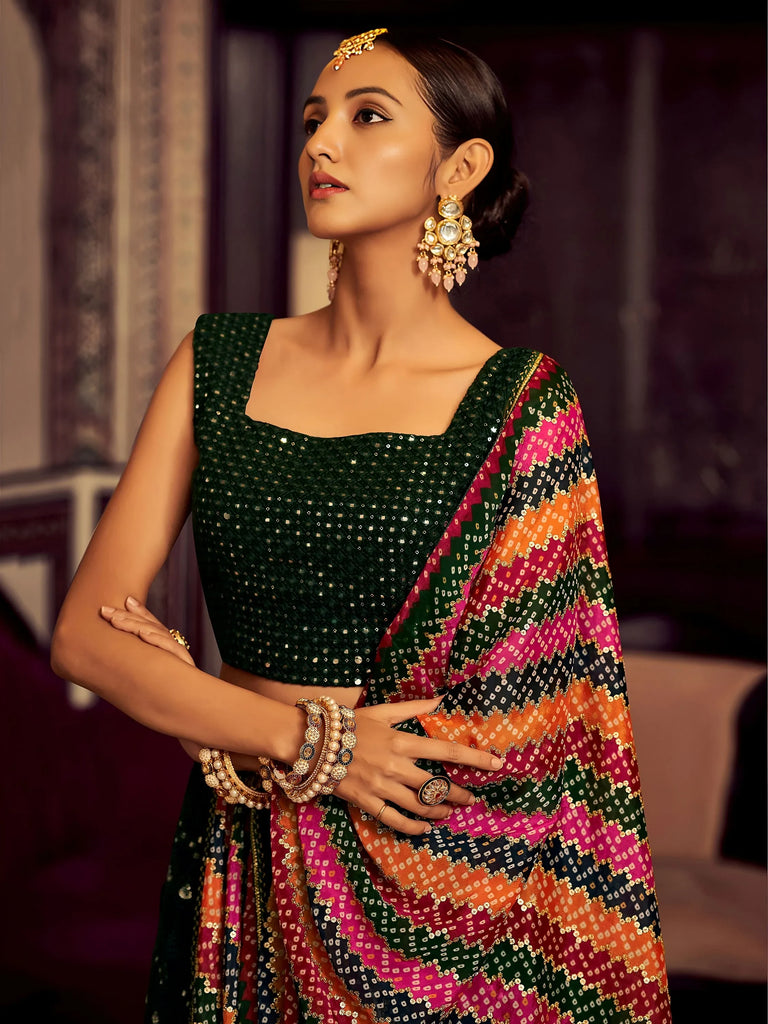 Captivating Bottle Green Thread Work Georgette Lehenga Choli With Dupatta