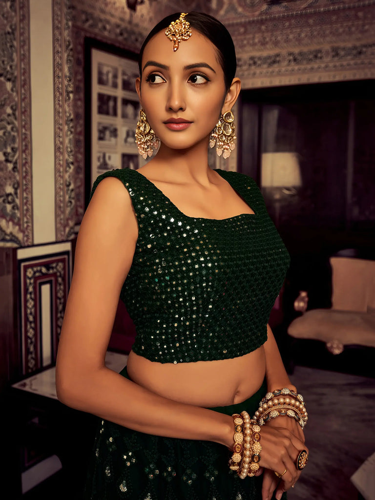 Captivating Bottle Green Thread Work Georgette Lehenga Choli With Dupatta