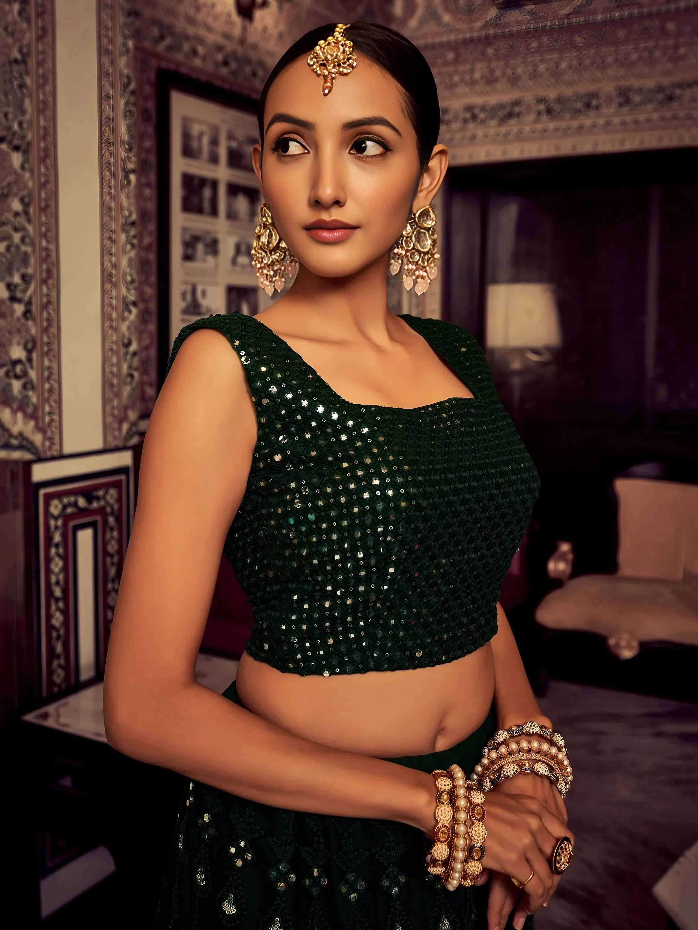 Captivating Bottle Green Thread Work Georgette Lehenga Choli With Dupatta