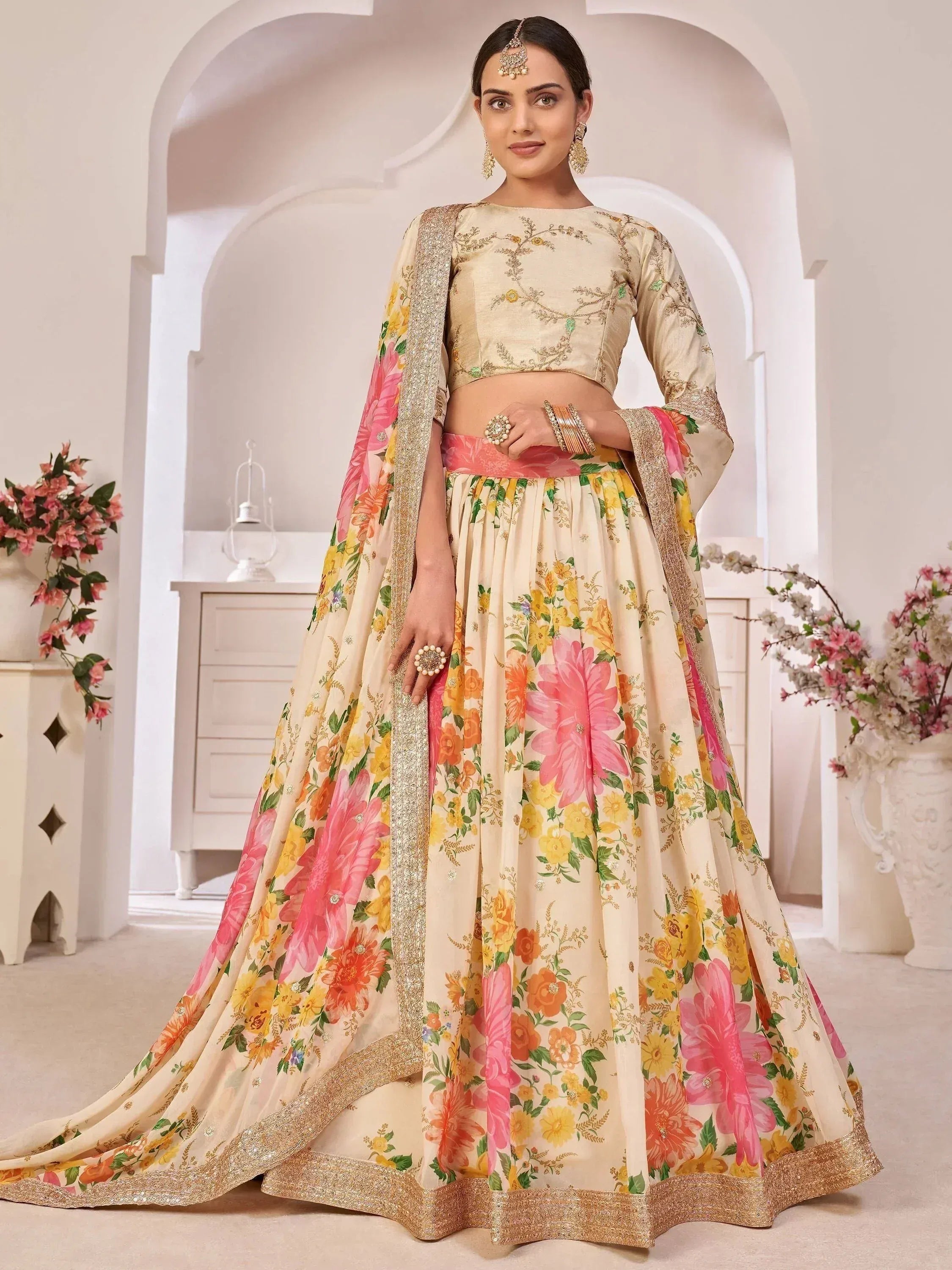 Floral print lehenga choli with gold embroidery, perfect for Indian weddings and festive occasions
