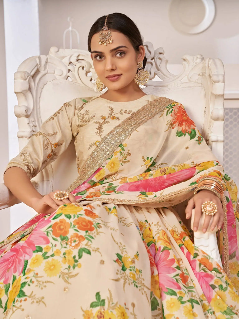 Fascinating Cream Digital Printed Georgette Wedding Wear Lehenga Choli