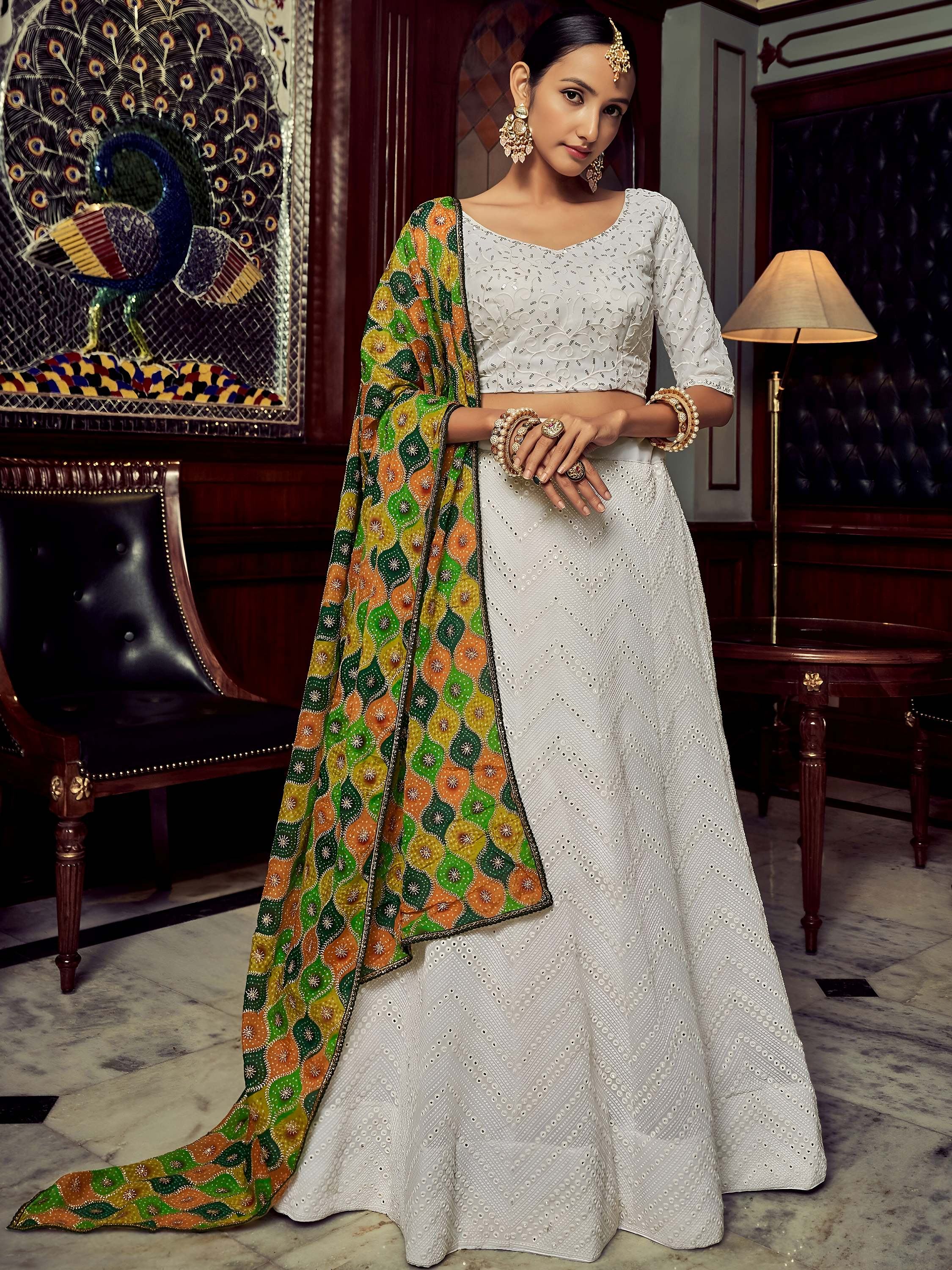 Wonderful White Sequins Georgette Sangeet Wear Lehenga Choli With Dupatta