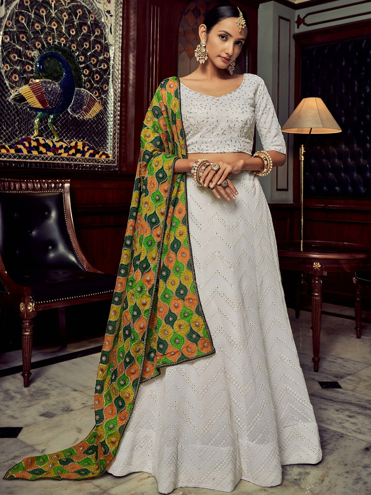 Wonderful White Sequins Georgette Sangeet Wear Lehenga Choli With Dupatta