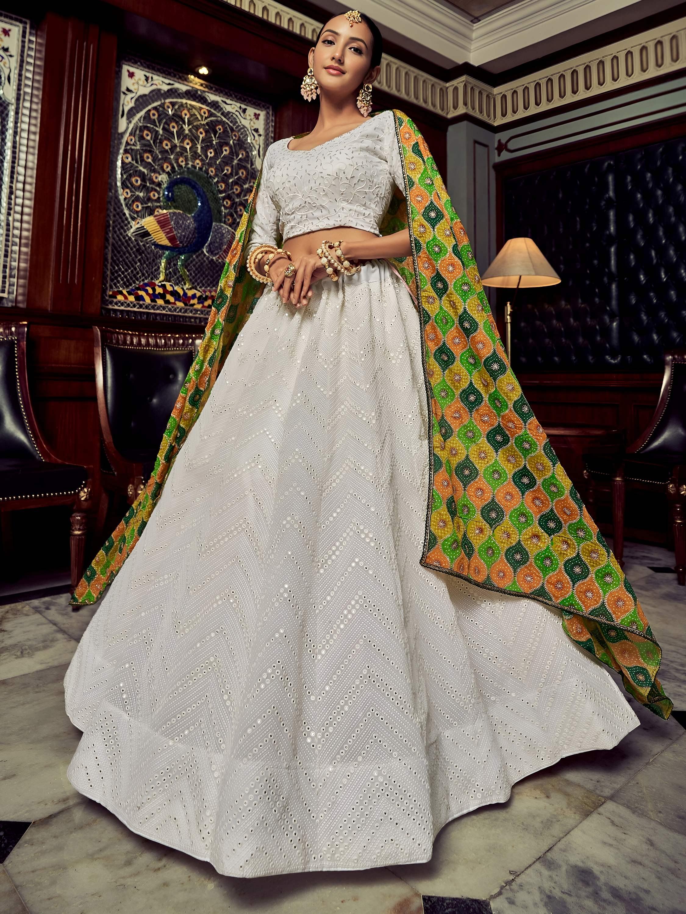 Wonderful White Sequins Georgette Sangeet Wear Lehenga Choli With Dupatta