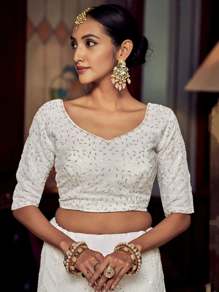 Wonderful White Sequins Georgette Sangeet Wear Lehenga Choli With Dupatta