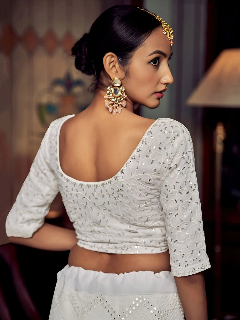 Wonderful White Sequins Georgette Sangeet Wear Lehenga Choli With Dupatta