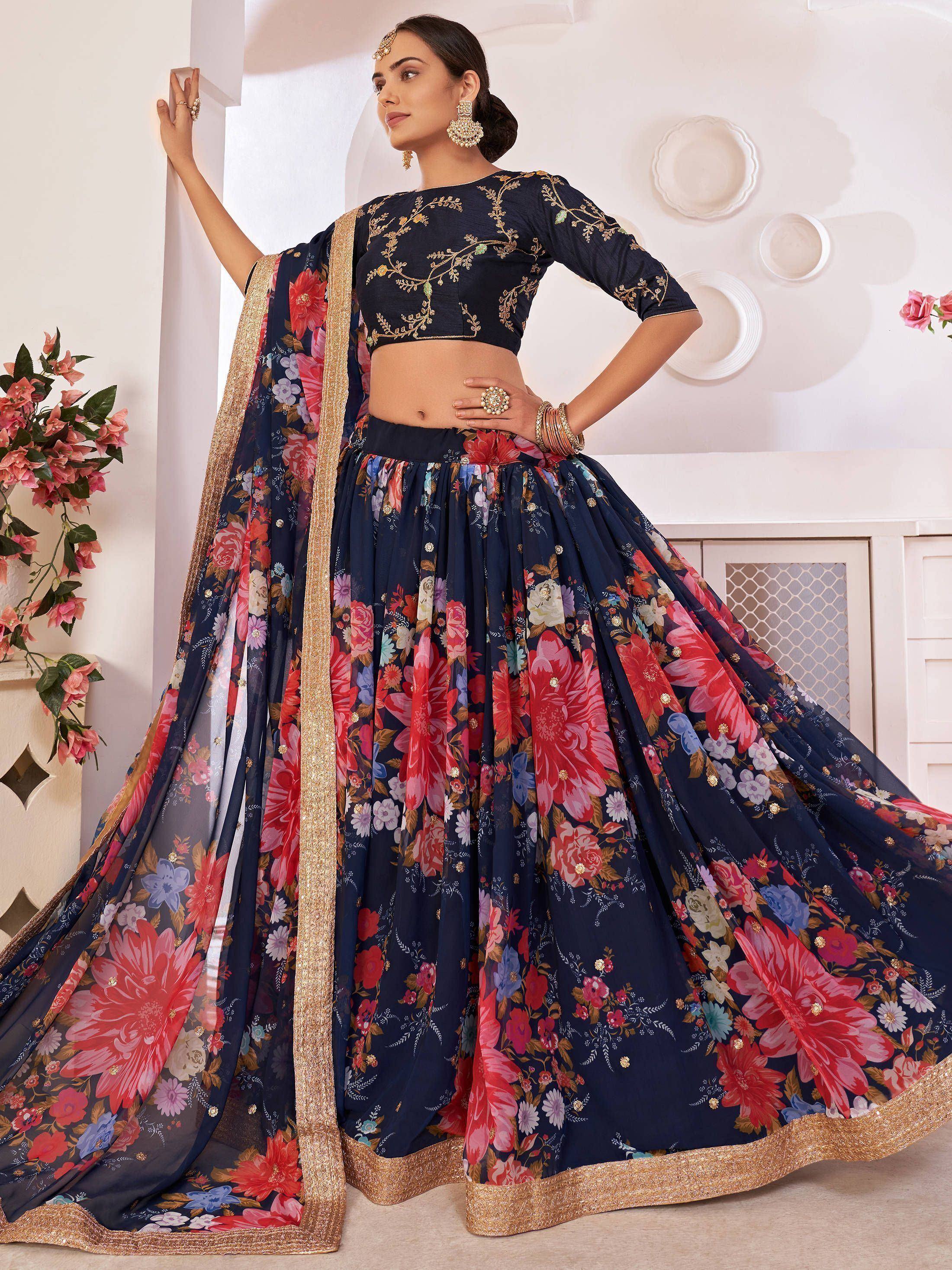 Navy blue floral lehenga choli with gold embroidery and dupatta, Indian ethnic wear