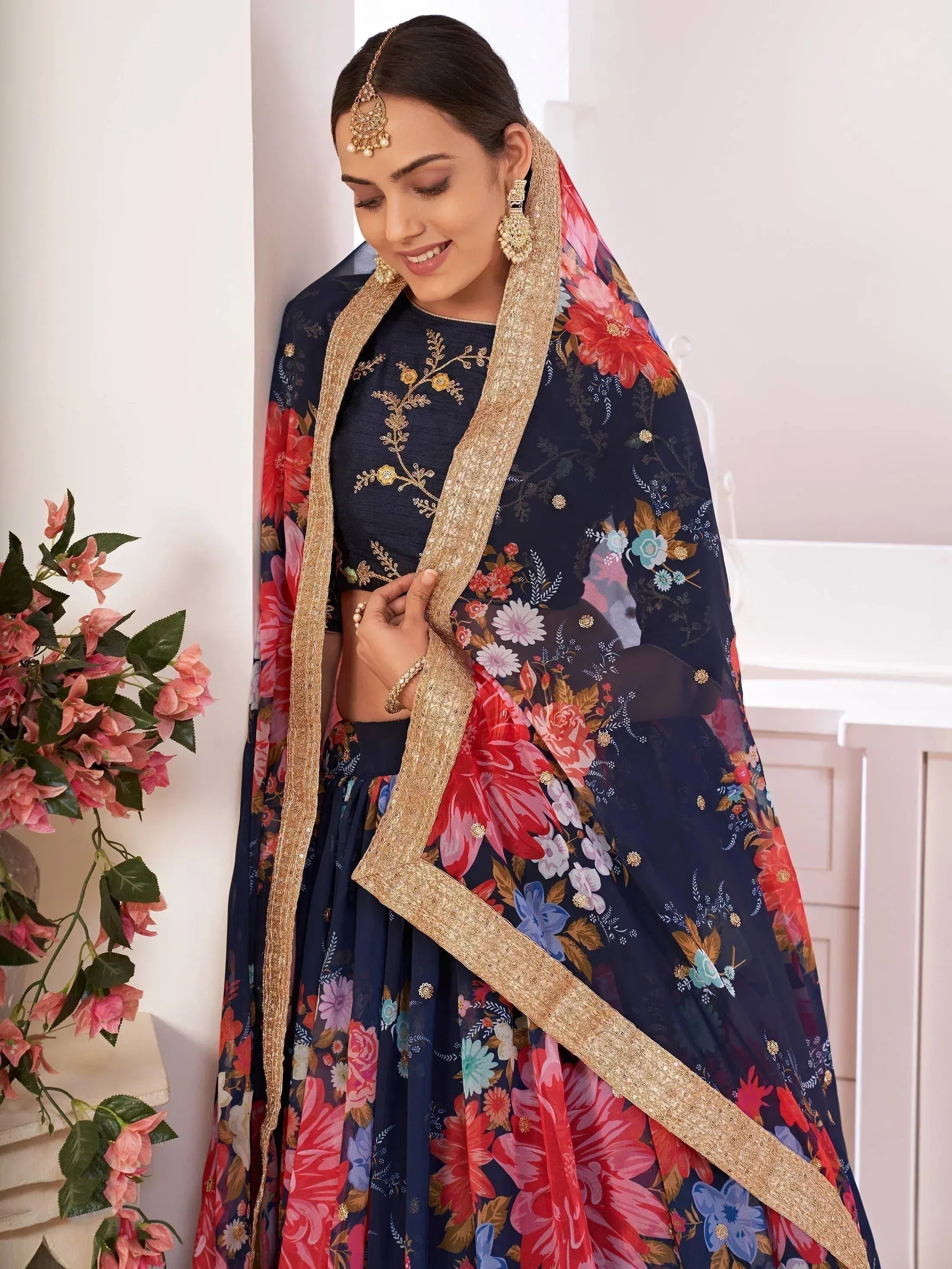 Navy floral lehenga choli with gold embroidery and dupatta, Indian ethnic wear for women