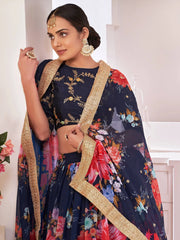 Enchanting Navy Blue Digital Printed Georgette Wedding Wear Lehenga Choli