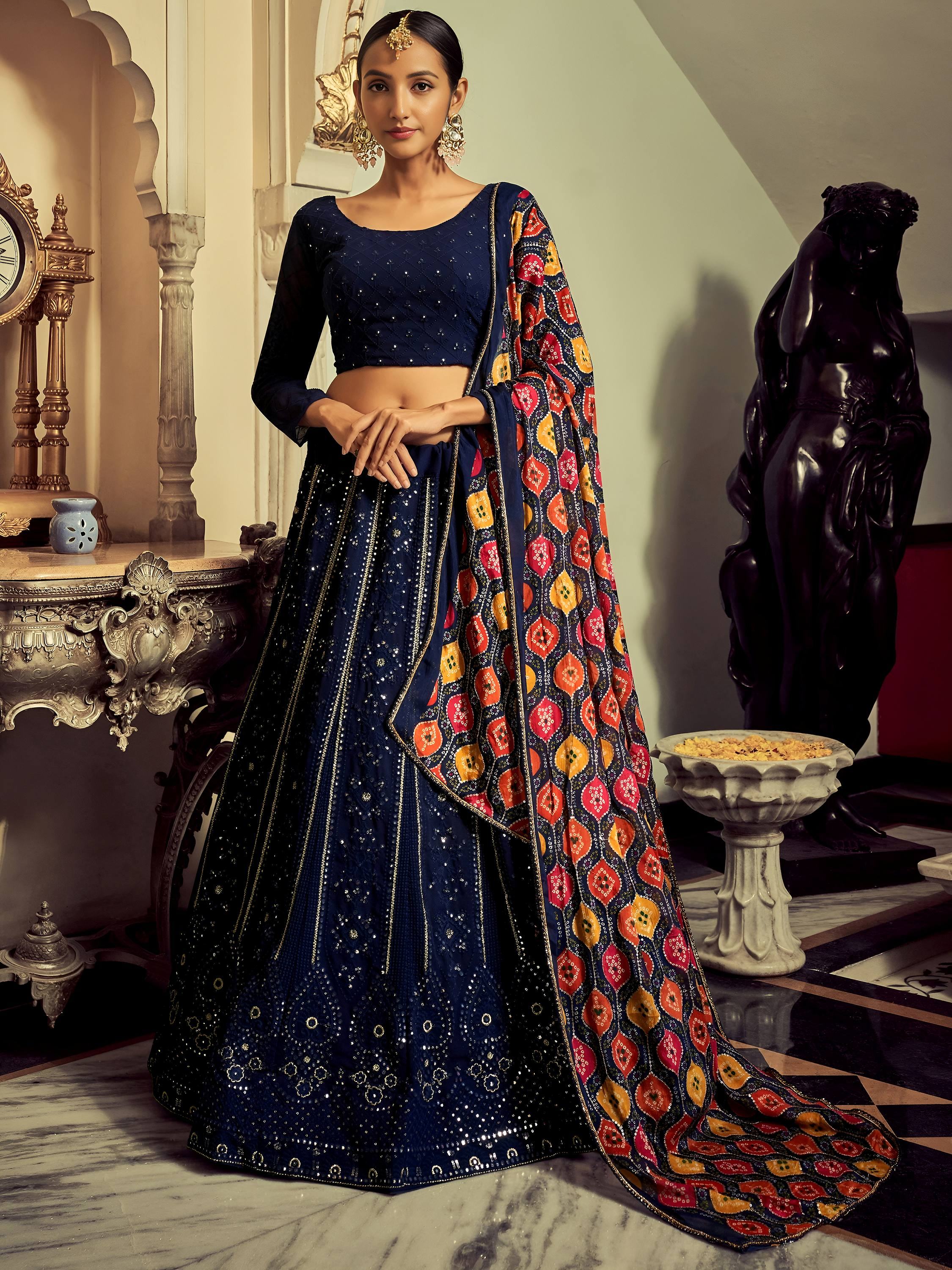 Excellent Navy Blue Thread Work Georgette Event Wear Lehenga Choli