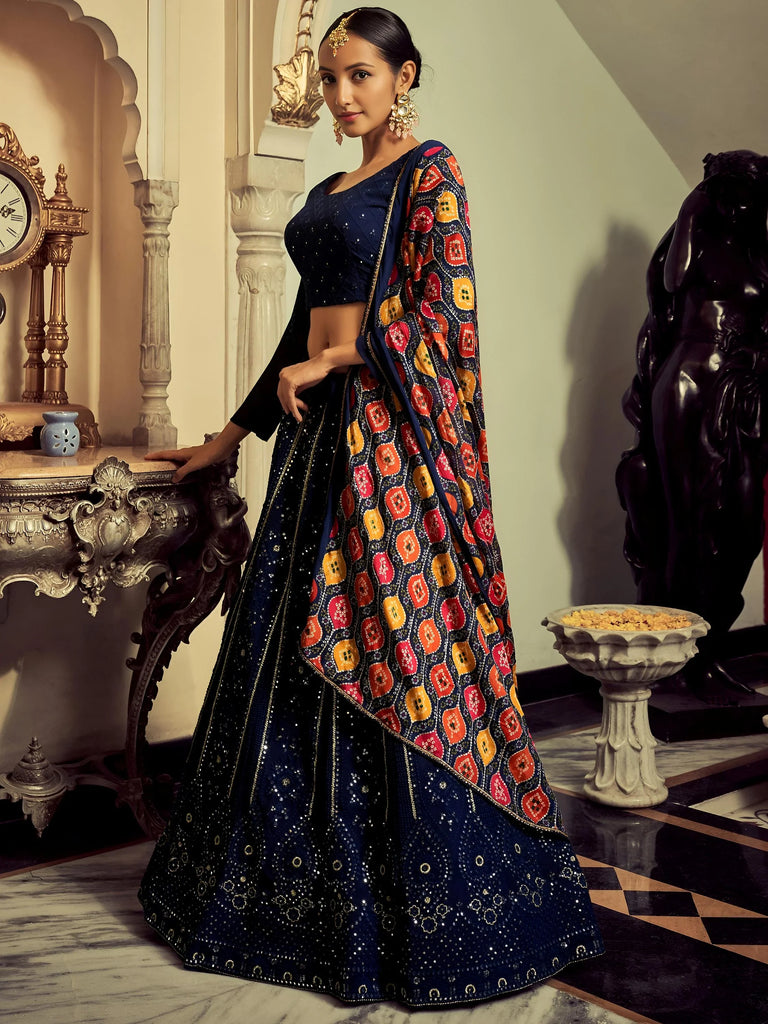Excellent Navy Blue Thread Work Georgette Event Wear Lehenga Choli