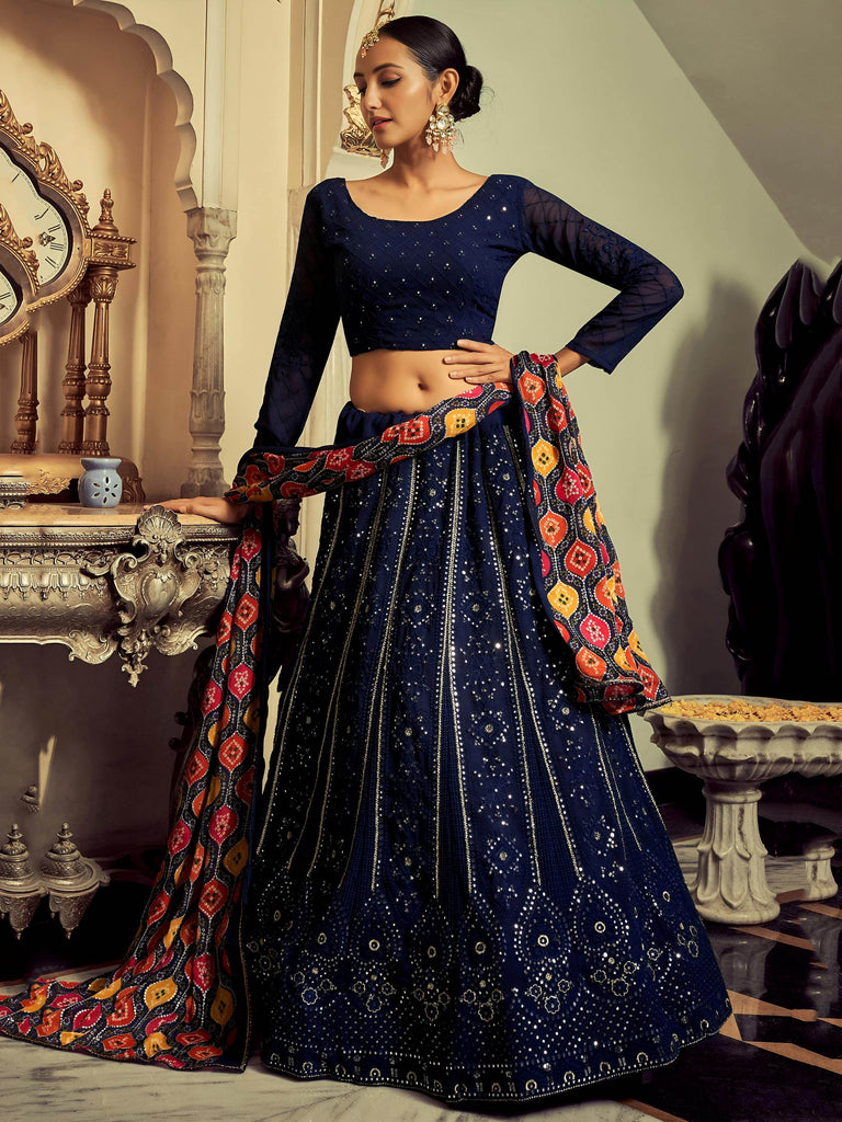 Excellent Navy Blue Thread Work Georgette Event Wear Lehenga Choli