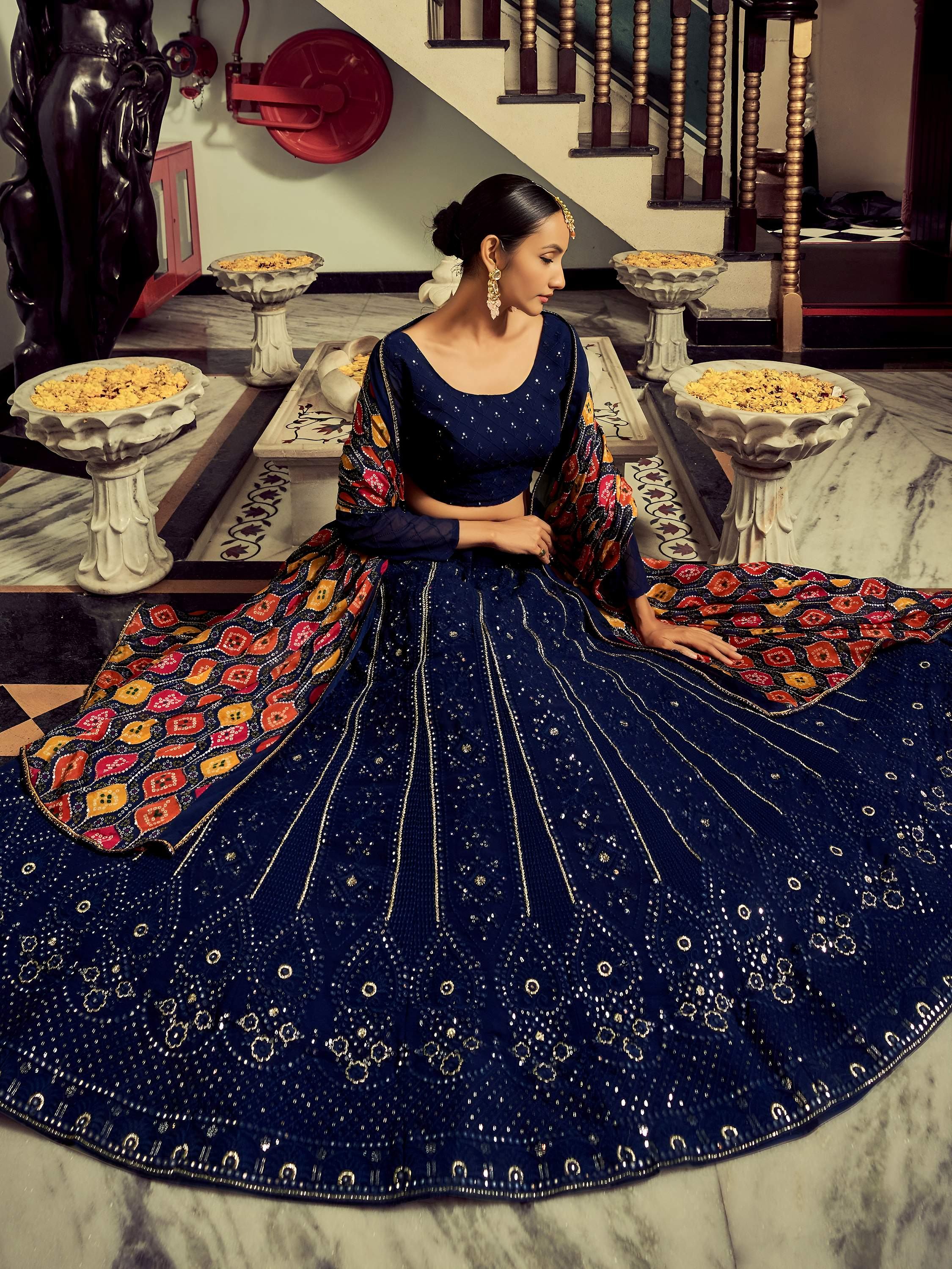 Excellent Navy Blue Thread Work Georgette Event Wear Lehenga Choli