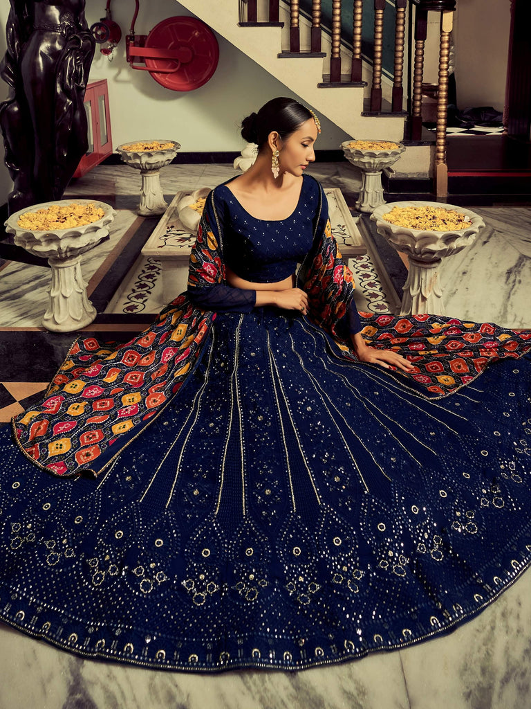 Excellent Navy Blue Thread Work Georgette Event Wear Lehenga Choli