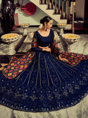 Excellent Navy Blue Thread Work Georgette Event Wear Lehenga Choli
