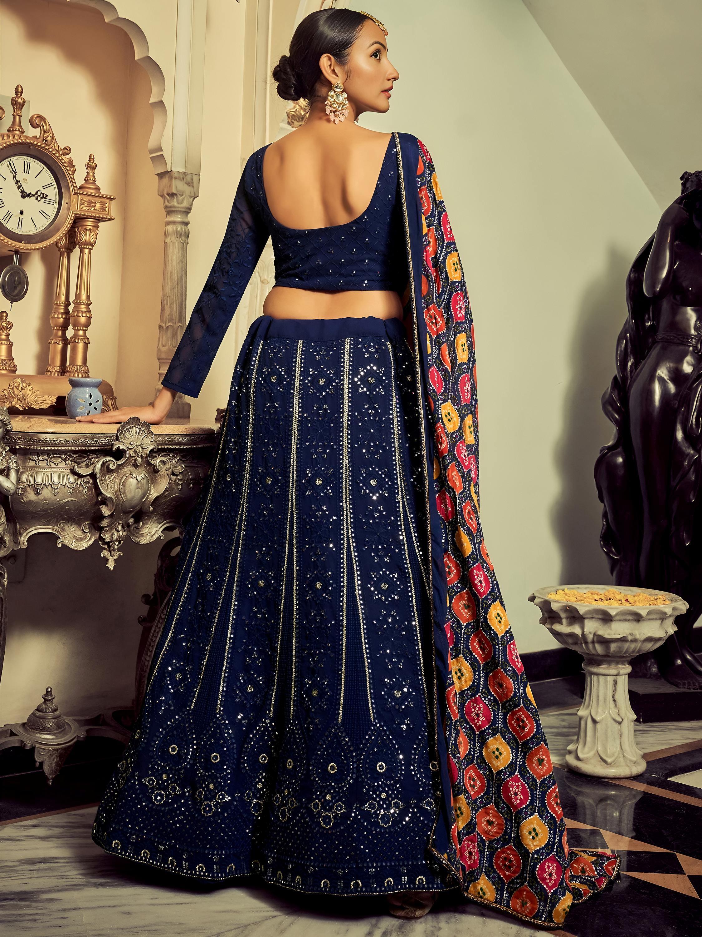 Excellent Navy Blue Thread Work Georgette Event Wear Lehenga Choli