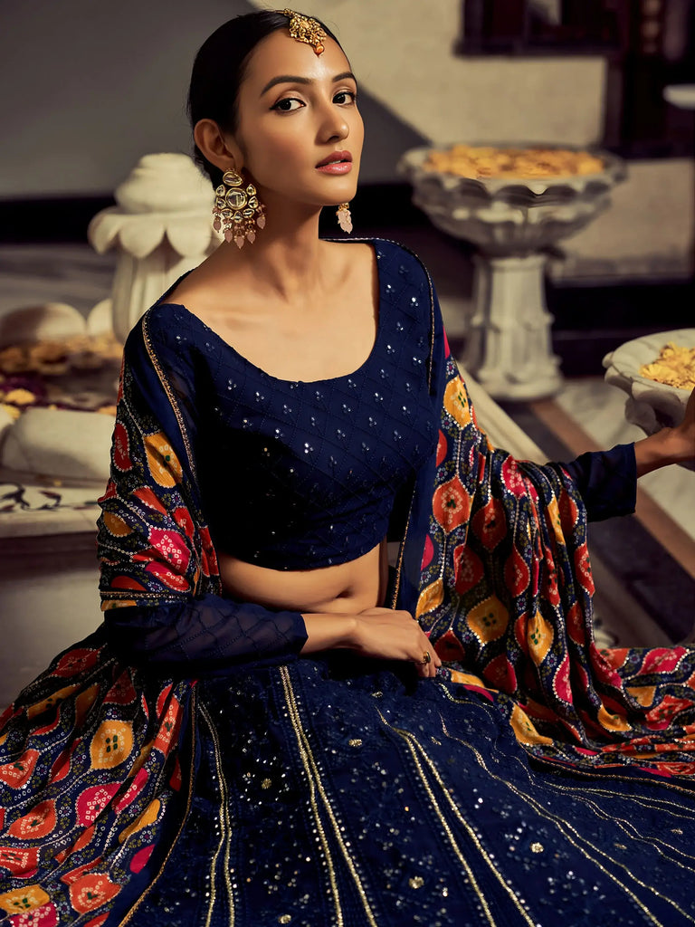 Excellent Navy Blue Thread Work Georgette Event Wear Lehenga Choli