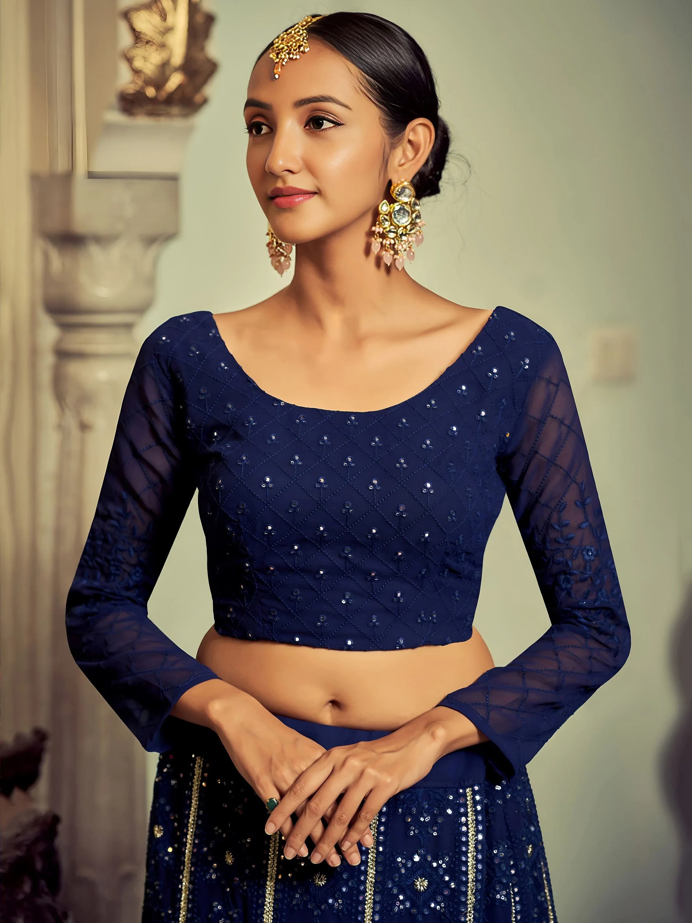Excellent Navy Blue Thread Work Georgette Event Wear Lehenga Choli