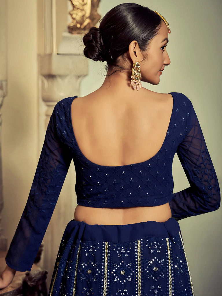 Excellent Navy Blue Thread Work Georgette Event Wear Lehenga Choli