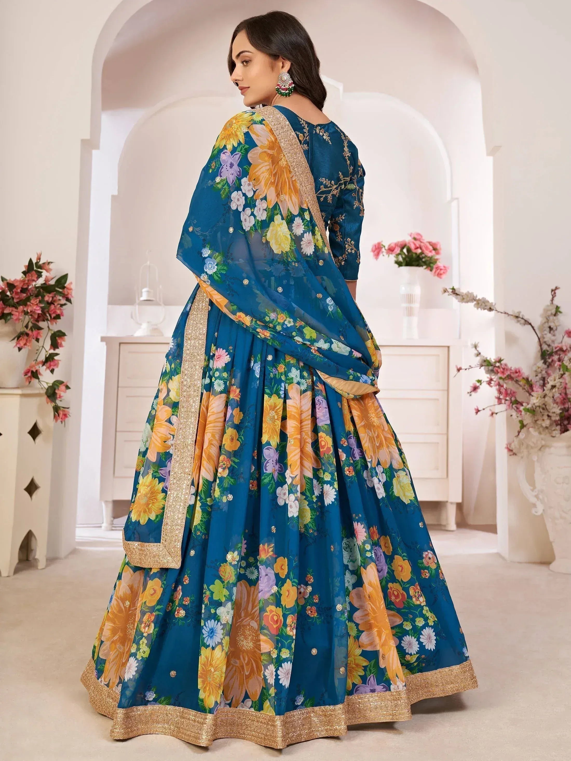 Blue floral lehenga choli with gold trim, Indian ethnic wear for women