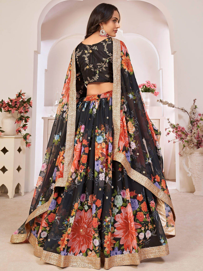 Superb Black Digital Printed Georgette Wedding Wear Lehenga Choli