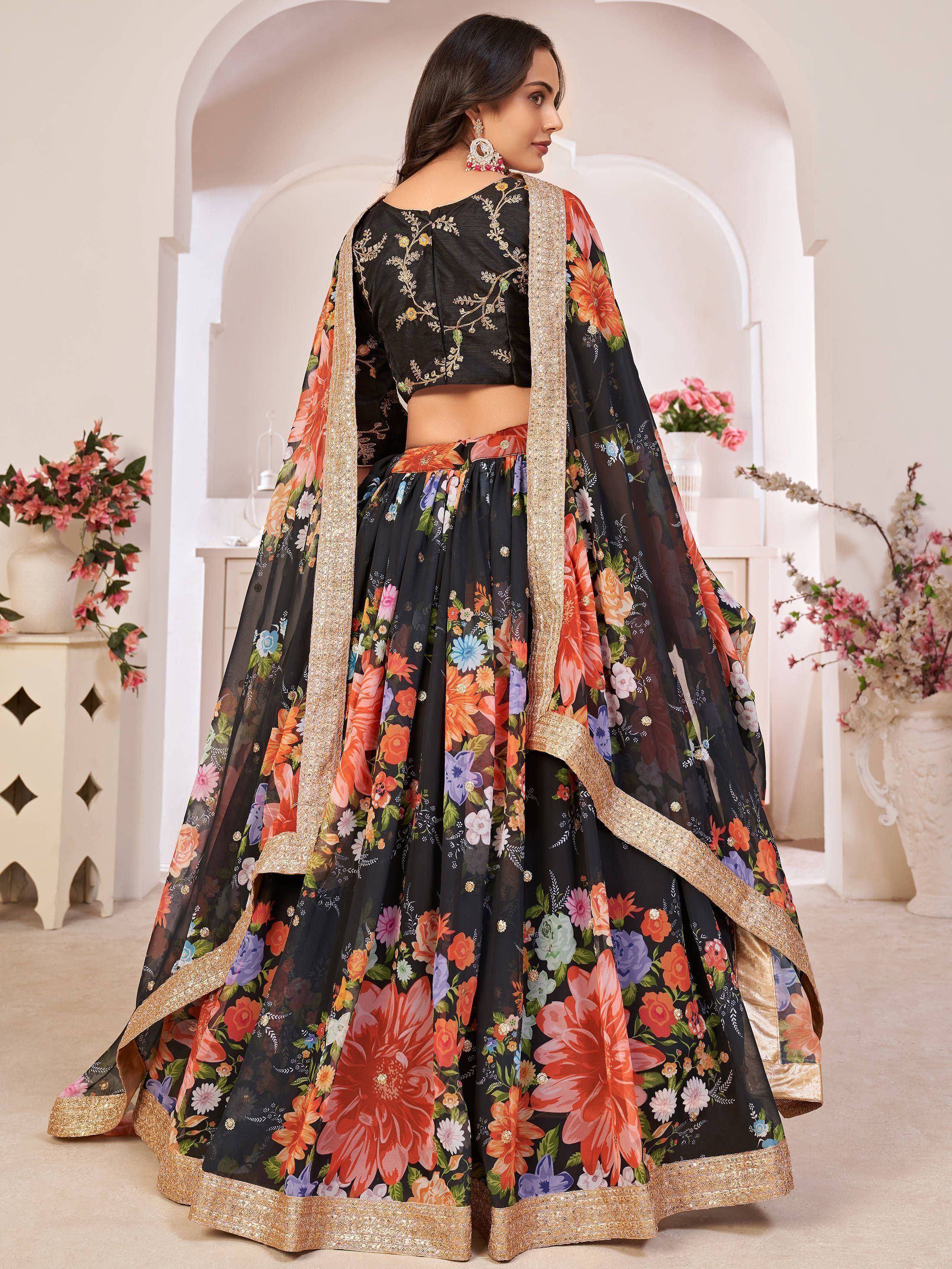 Black floral lehenga choli with gold embroidery and dupatta, Indian ethnic wear