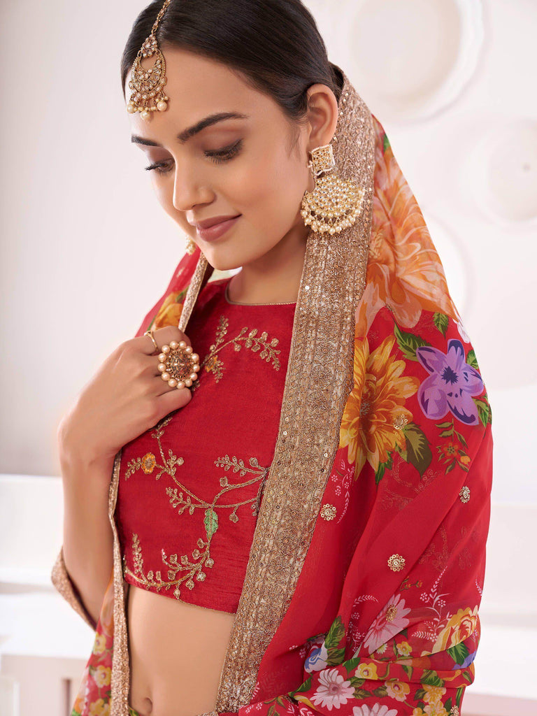 Amazing Red Digital Printed Georgette Wedding Wear Lehenga Choli