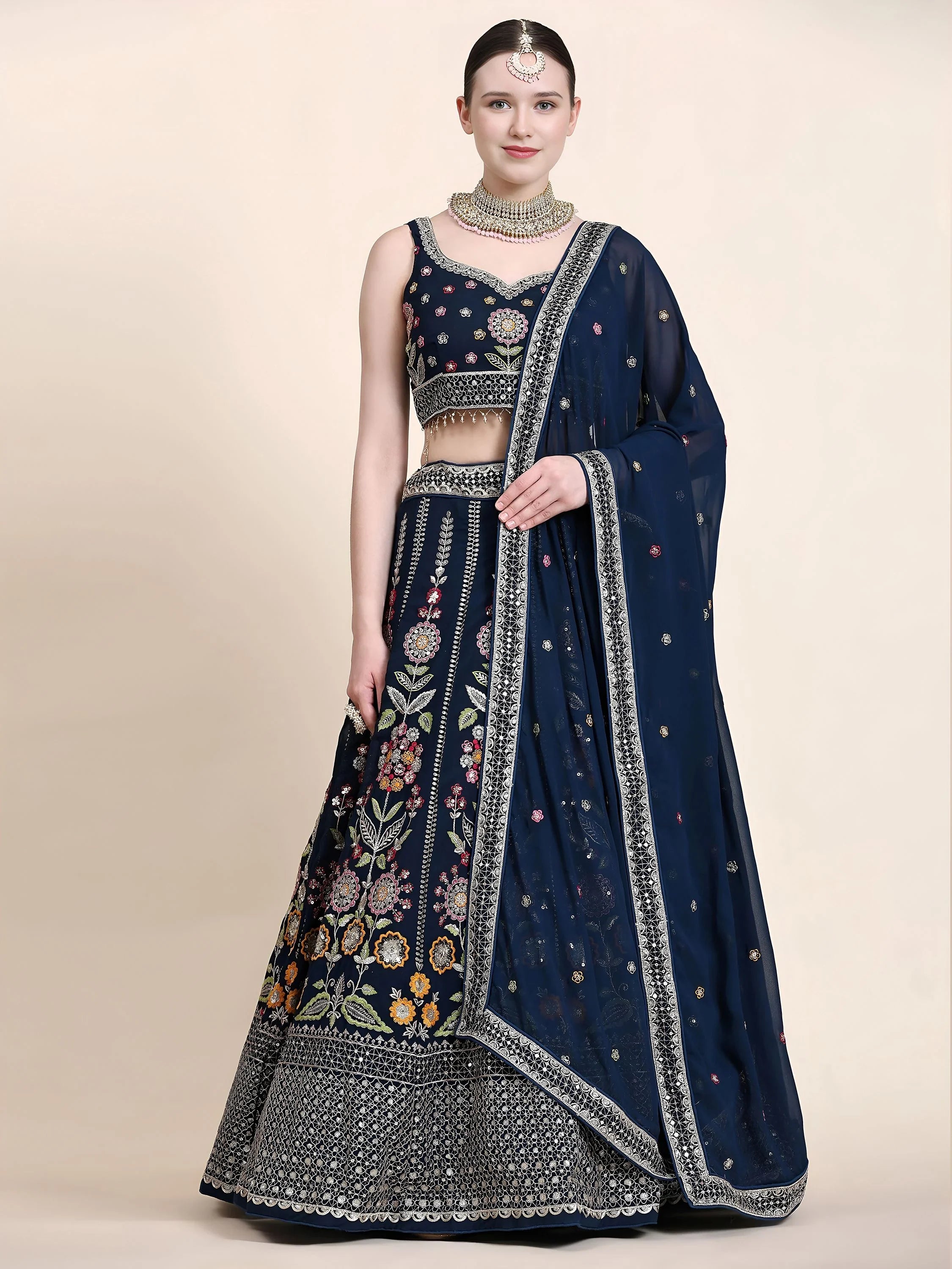 Outstanding Navy Blue Floral Embroidered Georgette Sangeet Wear Lehenga Choli