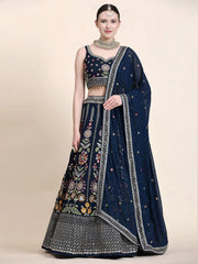 Outstanding Navy Blue Floral Embroidered Georgette Sangeet Wear Lehenga Choli