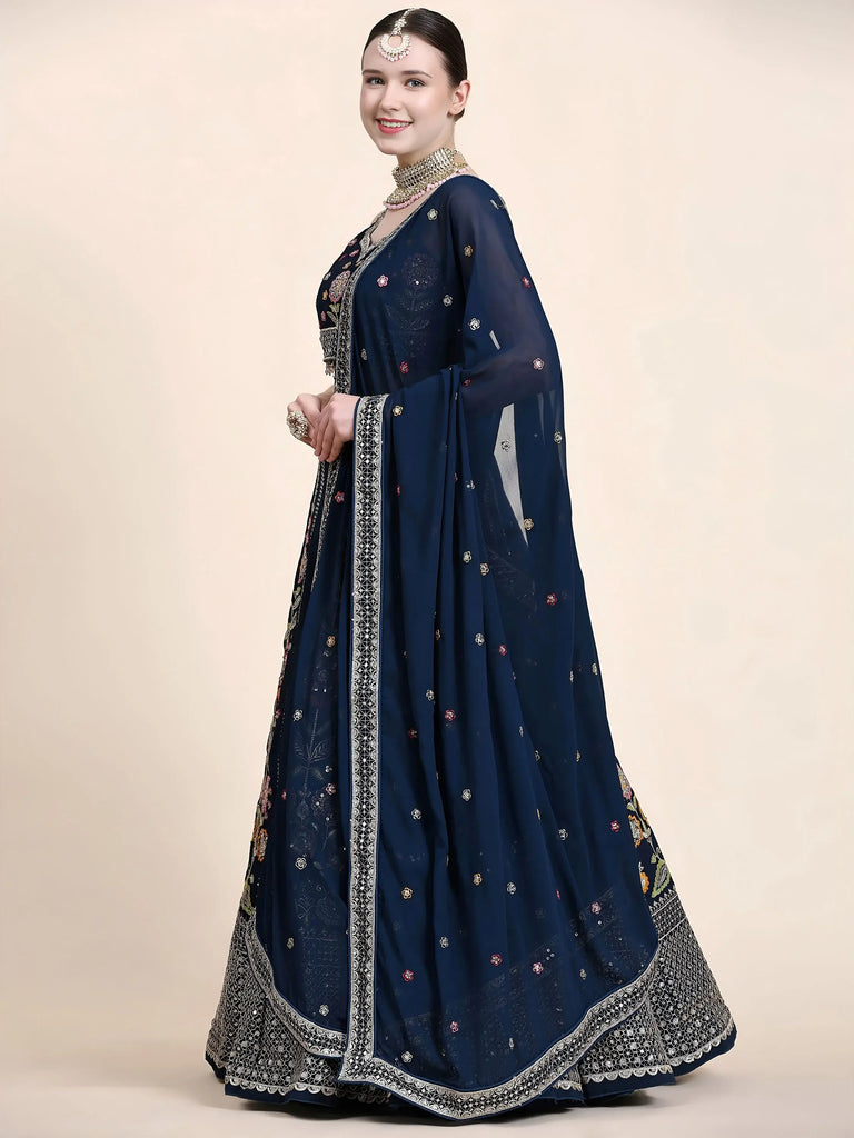 Outstanding Navy Blue Floral Embroidered Georgette Sangeet Wear Lehenga Choli
