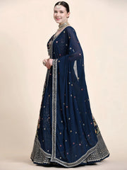 Outstanding Navy Blue Floral Embroidered Georgette Sangeet Wear Lehenga Choli
