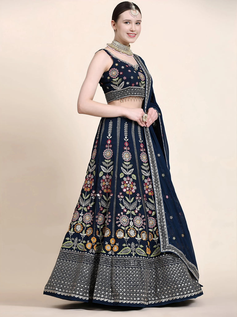Outstanding Navy Blue Floral Embroidered Georgette Sangeet Wear Lehenga Choli
